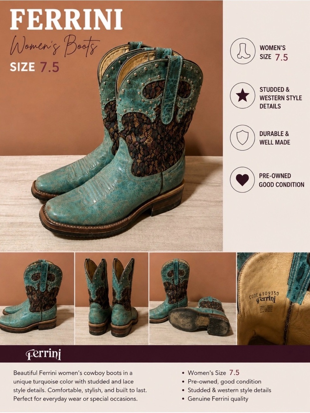 Ferrini Turquoise Western Cowboy Boots - Size 7.5